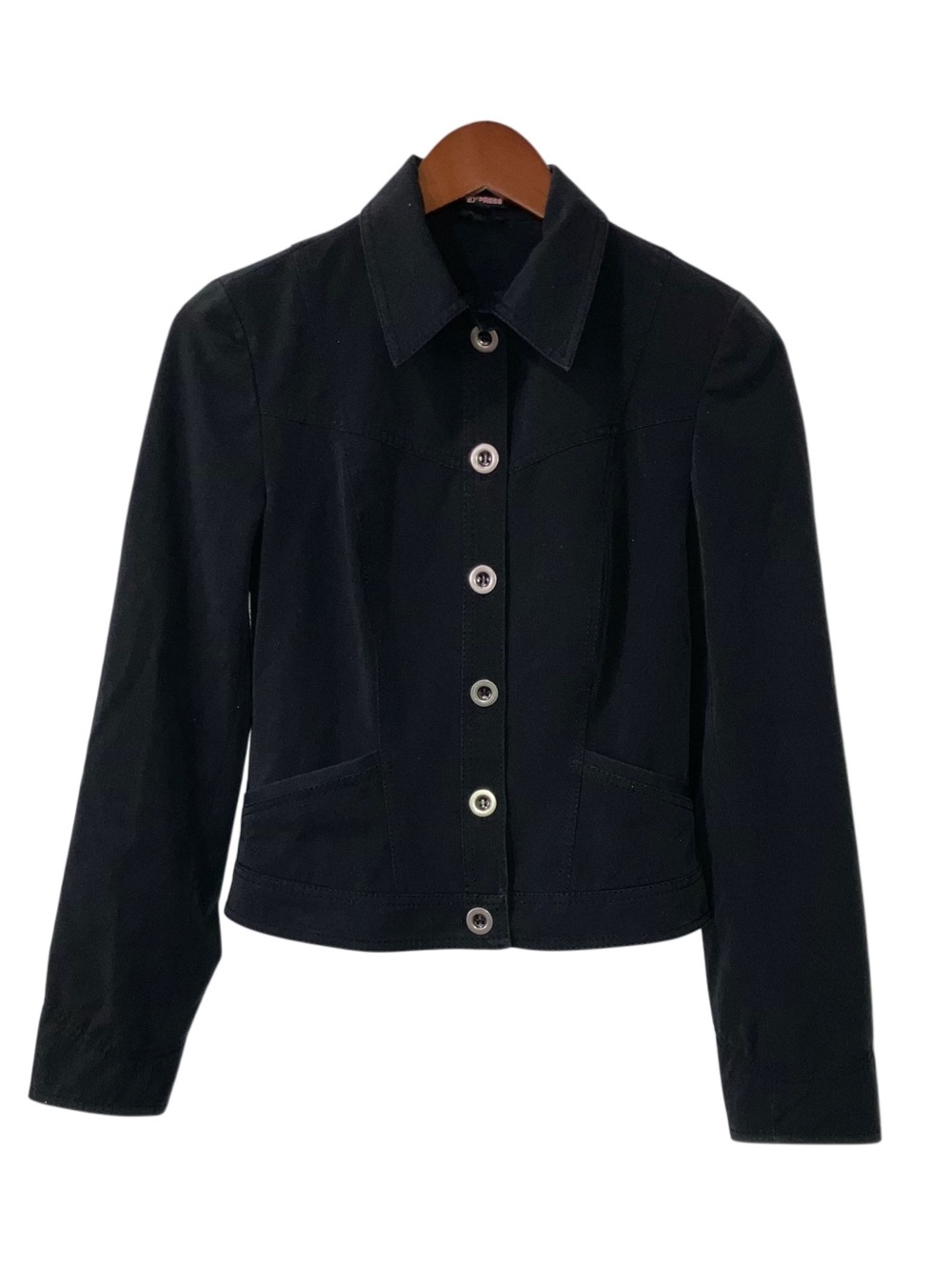 Vintage Y2K Express Black Cropped Stretch Jacket Silver Buttons Women’s Sz 2
